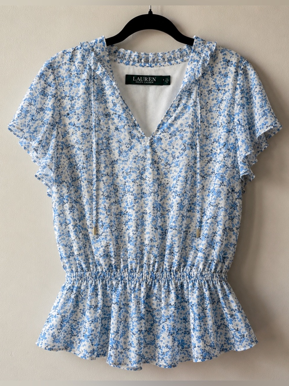 Lauren Ralph Lauren Blue Floral Ruffle-Sleeve Peplum Top
